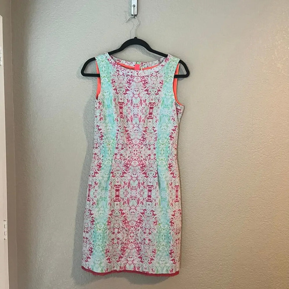 Elie Tahari Paisley Damask Neon Sheath Dress Sleeveless Size 4 Bright - Picture 2 of 10